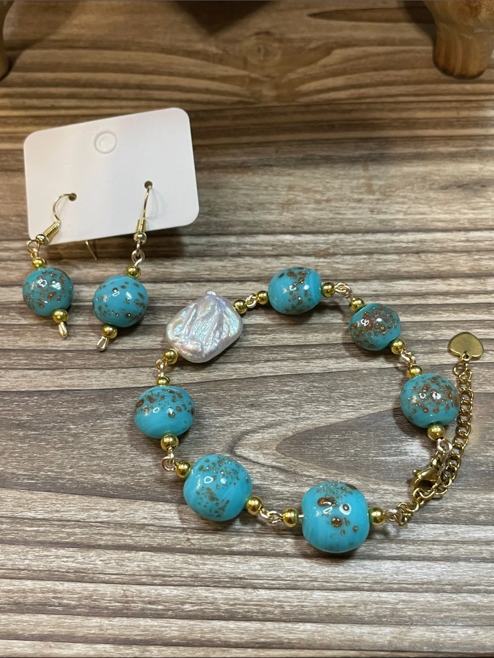Turquoise Glass Beaded Necklace Earring Set Gold Speckled Baroque Pearl Real